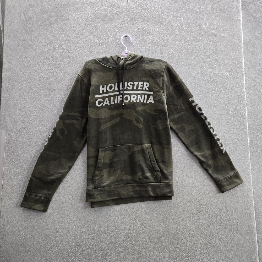 Hollister Men Hoodie L Green Camouflage Fleece Logo Spellout Activewear